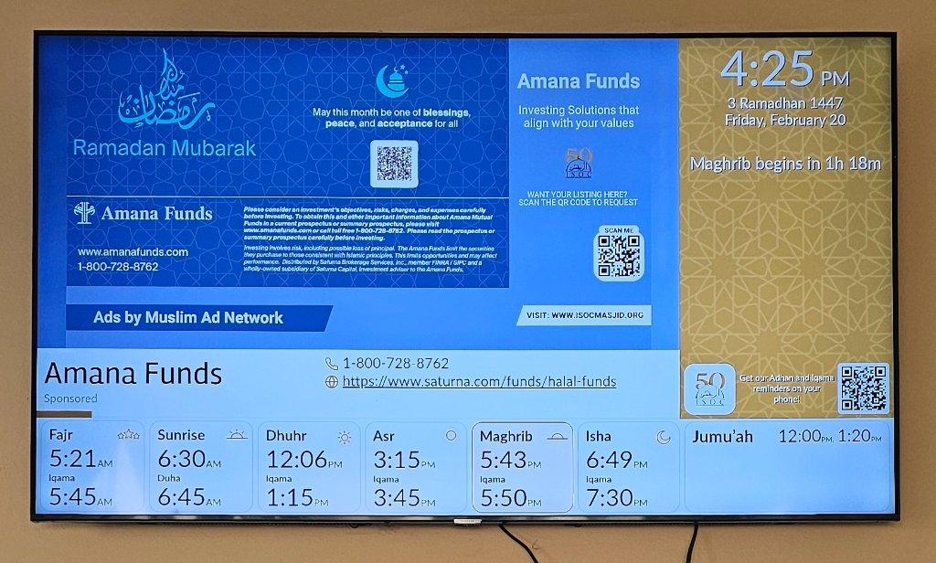 Amana Funds advert on the screen at Islamic Society of Orange County (ISOC)